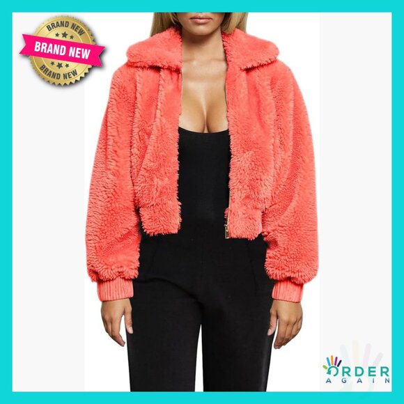 Teddy Cropped Faux Fur Jacket Oversized Y2K Chic Zip Up Pockets Winter